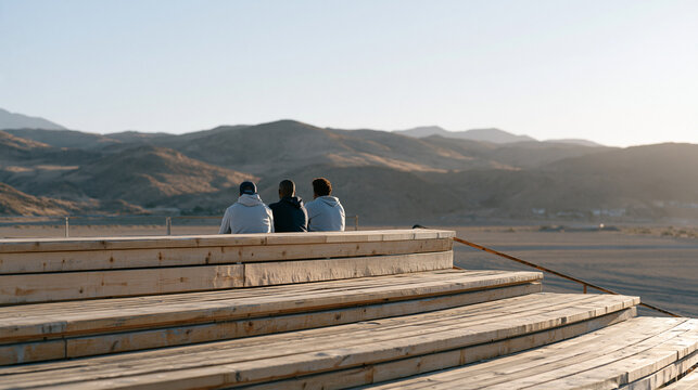 A group of athletic trainers in a quiet rural sports ground examine sustainable reclaimed timber bleacher restoration, discussing natural material quality in their facility