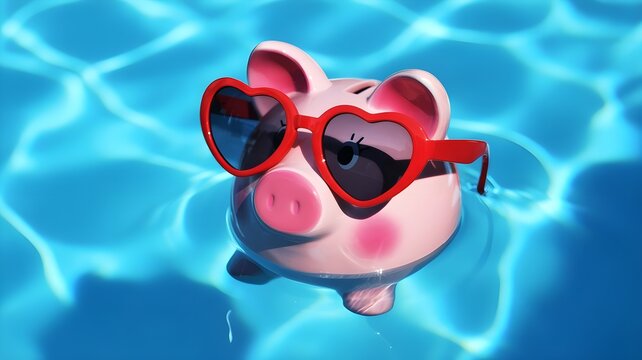 A cute piggy bank wearing heart shaped sunglasses floating in a swimming pool for summer bank holiday savings