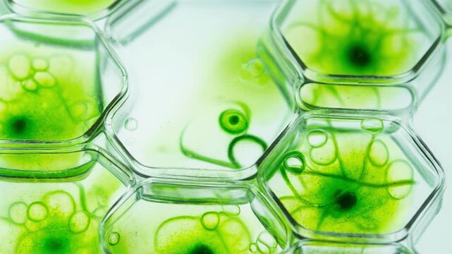 Close up of green algae cells under microscope showing hexagonal shapes and detailed cellular structure