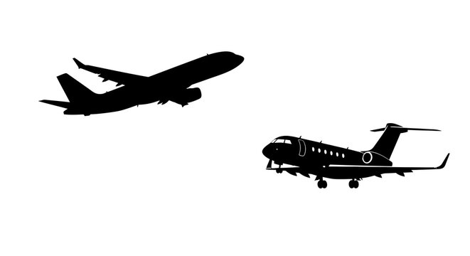 Airplane And Private Jet Silhouettes Against White Background Silhouette