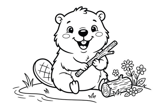 Cute cartoon beaver holding a wooden stick sitting by a log for children coloring page line art