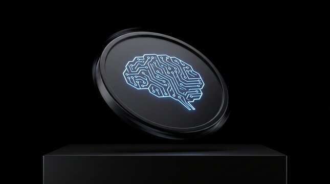 Futuristic digital brain coin spinning on black surface. High-tech cryptocurrency concept for innovation and digital finance.
