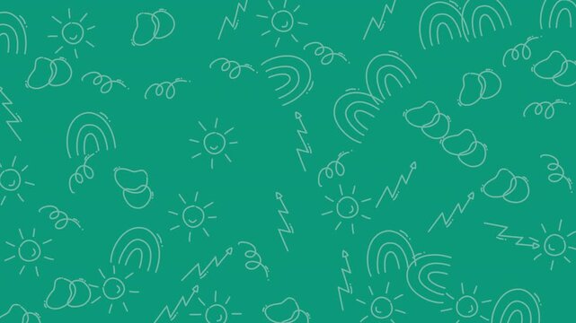 Sunlight and rainbows decorate this whimsical green pattern for playful children's surface designs.