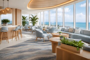 Fototapeta premium Airport Lounge with Coastal Design Pale Blue Seating Natural Wood and Bright Sky Views Photography