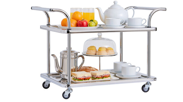 Silver two tier serving cart with tea sandwiches and fruit isolated on transparent background png cutout