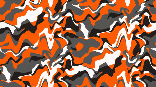 Abstract camouflage background with flowing liquid shapes and wavy lines in orange, black, grey and white colors.