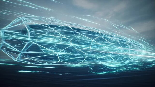 Conceptual high-speed futuristic blue glowing wireframe energy transport pod moving through digital hyperloop tunnel system