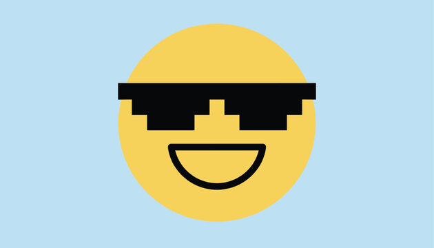 Cheerful yellow emoji smiley face wearing cool black pixelated sunglasses against a serene light blue background.
