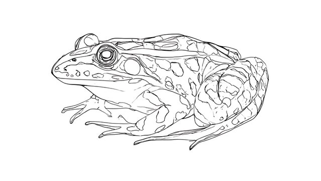 Detailed frog line drawing on white background.