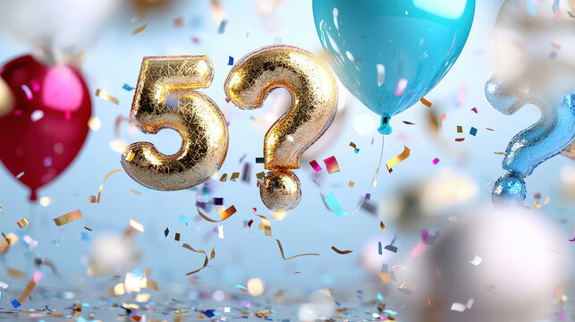 Colorful balloons and golden number five with confetti create festive atmosphere for celebration, inviting joy and excitement
