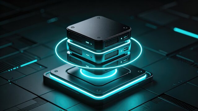 Futuristic edge computing server with neon cyberpunk lighting, concept for AI infrastructure, cloud computing, high performance data center technology solutions for enterprise innovation