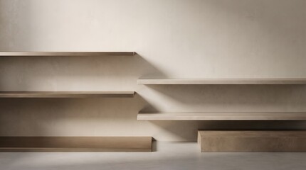 Obraz premium Empty minimalist wall shelves for product display against beige wall
