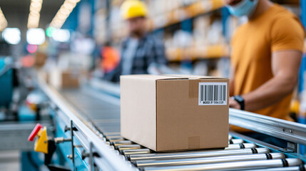 Fototapeta premium Cardboard package moving on a conveyor belt while a worker performs an inventory check, distribution warehouse activity, with copy space