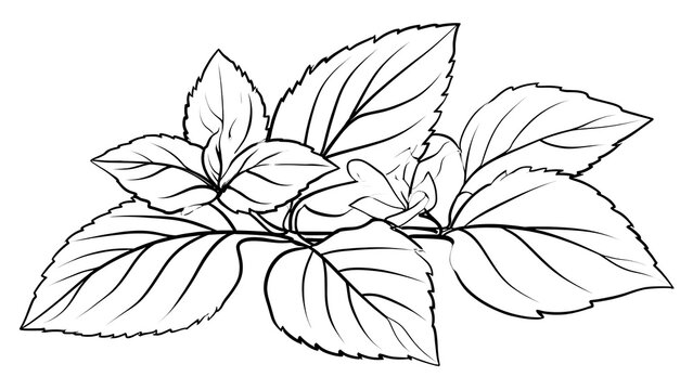 Detailed basil leaves illustration white background.