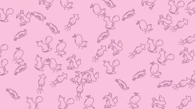 Squirrels and birds are scattered across a light pink background to create a whimsical animal pattern.