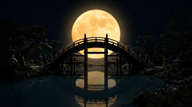 A serene traditional chinese arched bridge silhouette standing before a massive glowing full moon during the beautiful mid autumn festival china night celebration event scenery
