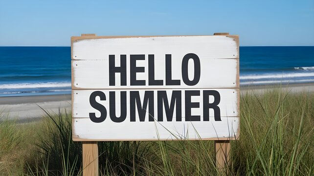 Wooden sign with hello summer text on a sunny beach during the august summer bank holiday weekend