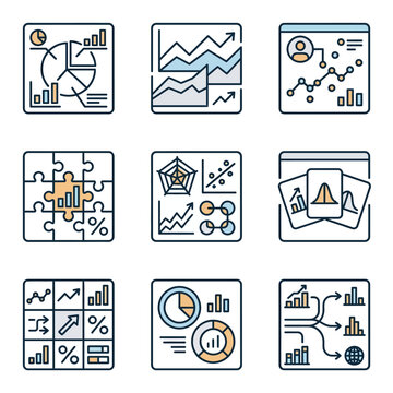 Corporate Infographic Icons Showing Business Analytics Statistics and Data Visualization in Minimalist Line Art Style