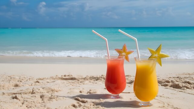 Two refreshing tropical cocktails on a sandy beach during a relaxing summer bank holiday vacation getaway