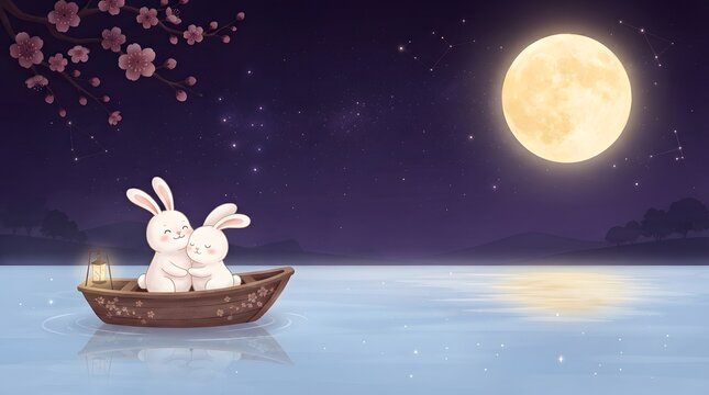 Two cute cartoon rabbits sitting in a small wooden boat on a calm lake under a bright full moon celebrating the mid autumn festival china tradition