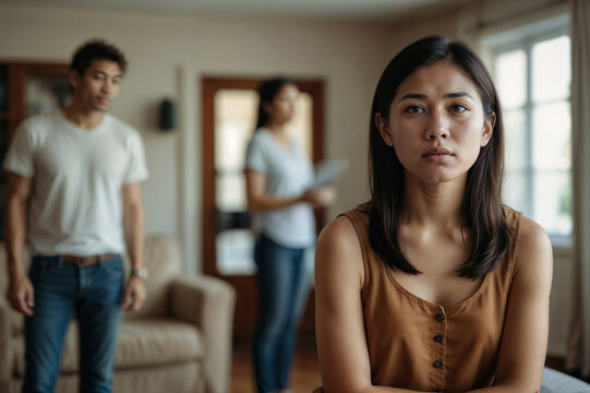 Unhappy Asian woman with blurred living room and man in house. Family quarrel. Relationship problem in family, misunderstanding, financial problems