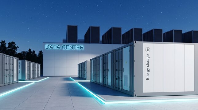 Modern industrial data center facility featuring modular battery energy storage systems under night sky