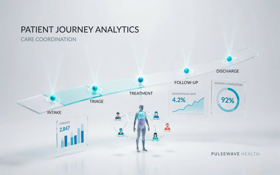 3d render of a patient journey analytics dashboard showing care coordination steps from intake to discharge with data charts and a human figure