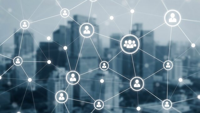 A network of connections representing people and communities overlaid on a city skyline. The interconnected icons symbolize communication, social networking, and urban life
