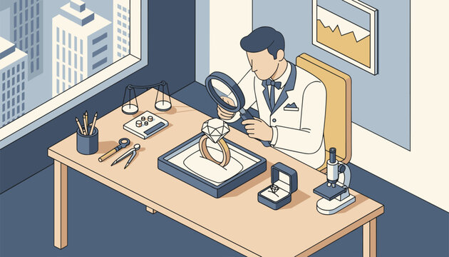 Professional jeweler in a suit evaluates a large diamond ring using a magnifying glass at his office desk.