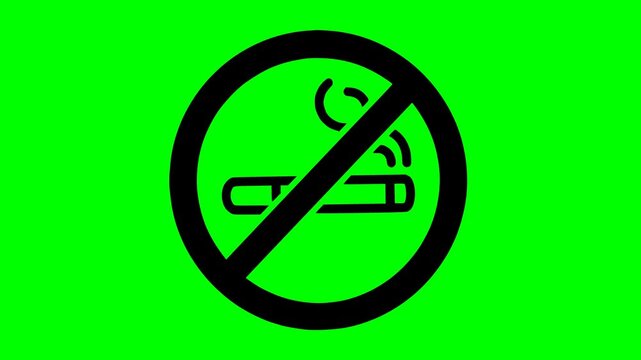 Minimalist black fill prohibition smoking sign animation on bright green chroma key background. Clean motion graphic vector style video loop for editing and post production