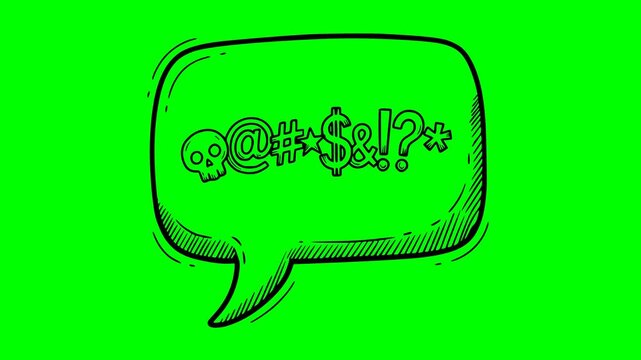 black fill hand drawn style speech bubble animation with swear symbols and skull on green screen chroma key background