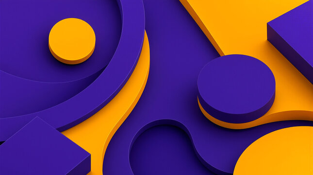 Vibrant 3D abstract background with purple and yellow geometric shapes including cylinders, circles, and curved forms creating depth and contrast