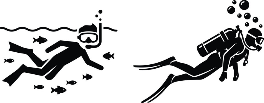 Two divers exploring underwater with fish and bubbles, vector graphic illustration.
