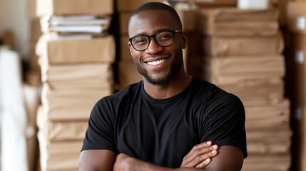 Obraz premium Man with arms crossed smiling beside stacked boxes in a packing room, small business pride, with copy space