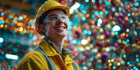 Joyful worker in safety gear smiles brightly surrounded by festive lights and decorations in a vibrant industrial setting © kwanchaift