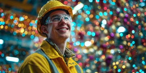 Joyful worker in safety gear smiles brightly surrounded by festive lights and decorations in a vibrant industrial setting © kwanchaift