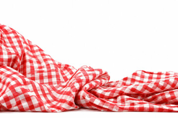 Fototapeta premium Red and White Gingham Picnic Tablecloth Draped in Soft Folds on White Background with Copy Space