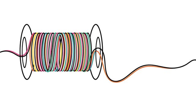 Colorful thread spool unraveling on white background.