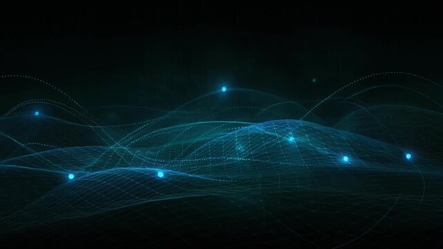 Abstract digital waves with glowing blue particles and futuristic grid lines in dark background