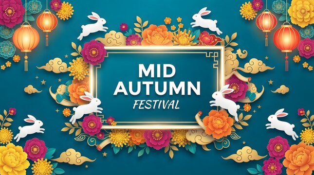 Decorative frame design for mid autumn festival china featuring traditional paper cut style rabbits flowers and glowing lanterns on a dark blue elegant background template