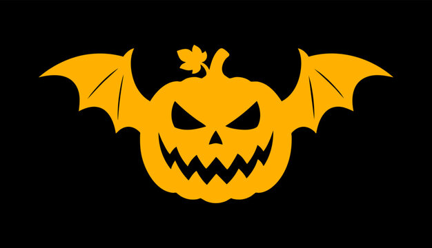 Scary Halloween pumpkin with bat wings and evil face in bold flat style. Spooky seasonal icon for party decorations, stickers, apparel, posters and festive graphic projects.