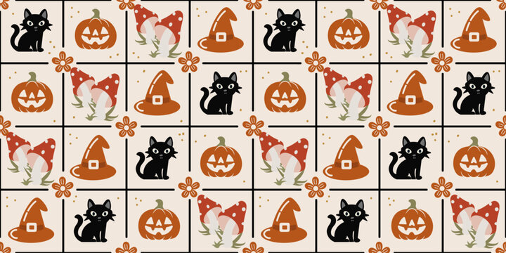 Halloween Seamless Pattern with Pumpkin Witch Hat Mushroom Black Cat Cute Kawaii Background