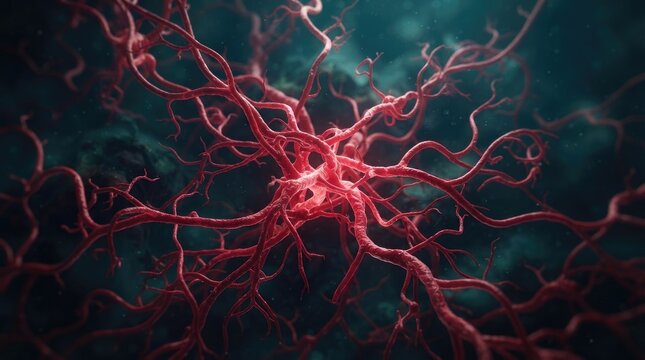 Abstract microscopic view of human blood vessels and arteries glowing in red for world heart day awareness campaign representing cardiovascular health and medical research concepts