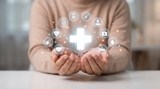 Person holding glowing medical cross icon surrounded by healthcare digital symbols for wellness concept