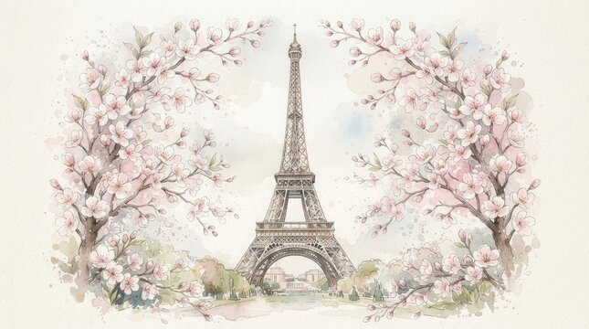 Charming spring in Paris scene with the Eiffel Tower and pink cherry blossom trees.