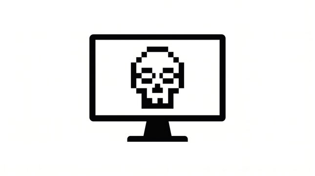black pixel art icon of monitor displaying skull against white background. concept of malware, computer virus, cyber attack, hacking and digital danger. tech design element.