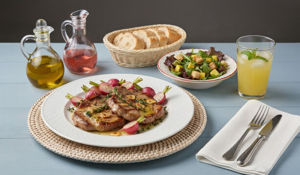Butter-grilled pork loin with radishes and garlic, served with a fresh salad and pineapple-mint juice on a wooden table