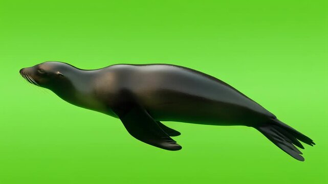 Smooth black sea lion isolated on bright green background swimming in ocean wildlife nature