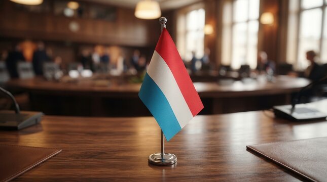 A Luxembourg flag placed on a wooden table during a national assembly or meeting.