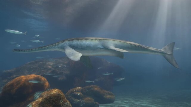Underwater scene of a prehistoric marine reptile swimming among fish in the ocean depths
